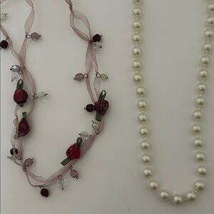 Pink Ribbon Rose Necklace (purchased in France) with Ivory Pearl Strand
